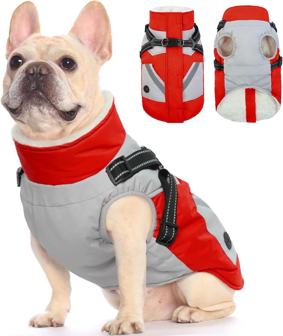 FUAMEY Dog Winter Jackets for Small Dogs, Dog Coat with Harness Built in, Waterproof Dogs Snowsuits Warm Pet Jacket Zip Up Fleece Cold Weather Coats Reflective Puppy Vest with Pocket Red XS