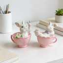 Cynkeyee Easter Decorations Bunny Figurine - 2 Pcs Cute Bunny in Pink Teacup Bunny for Table Decor Office Gift for Woman Easters Decorations for The Home 3.3x2.5x3.5IN