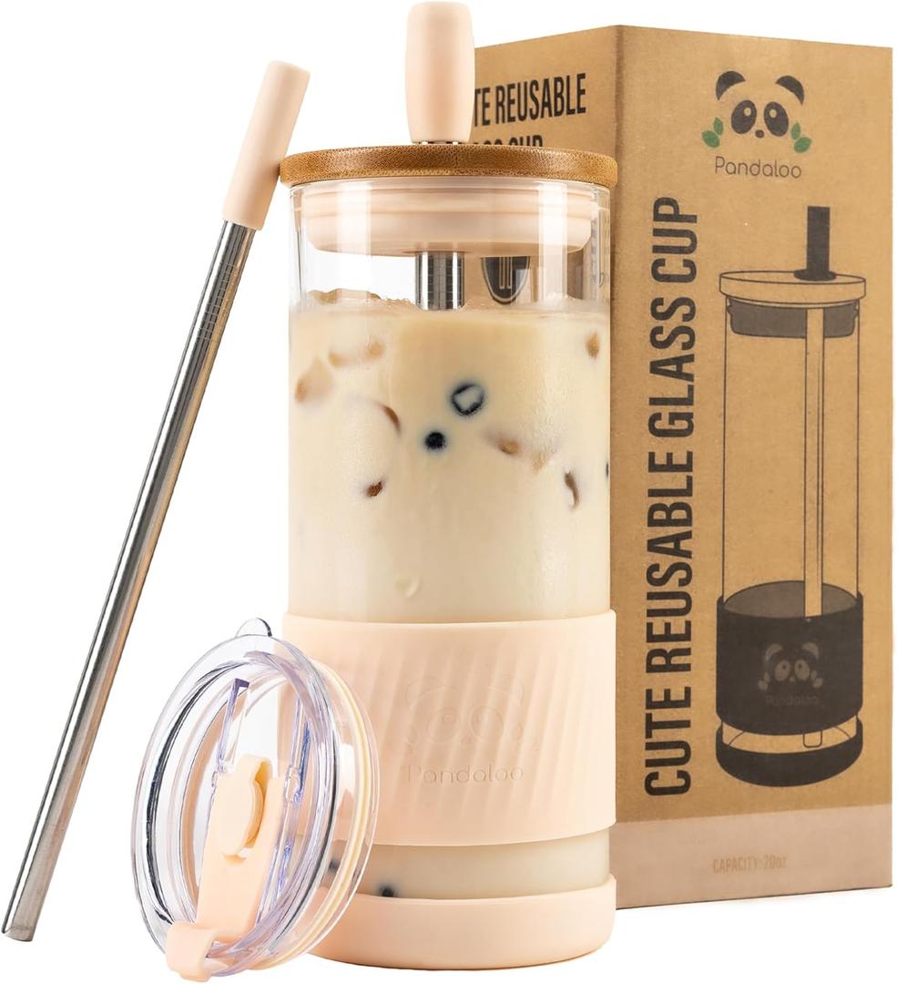Pandaloo Glass Cups With Lids and Straws -20 Fl Oz- Perfect Size Iced Coffee Cup - Smoothie Cup With Bamboo Lid and On the go Lid - Glass Tumbler With Straw (Pack of 1, Vanilla Cream)