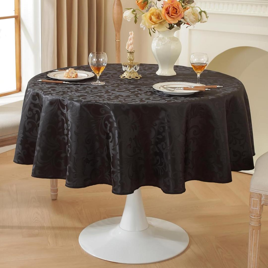 meioro Wipe Clean Table Cloth, Round Tablecloth Waterproof Polyester Fabric Tablecloths, Large Wipeable Table Cloths with Floral Patterns for Dining Party Decoration(Black, Round 60'')