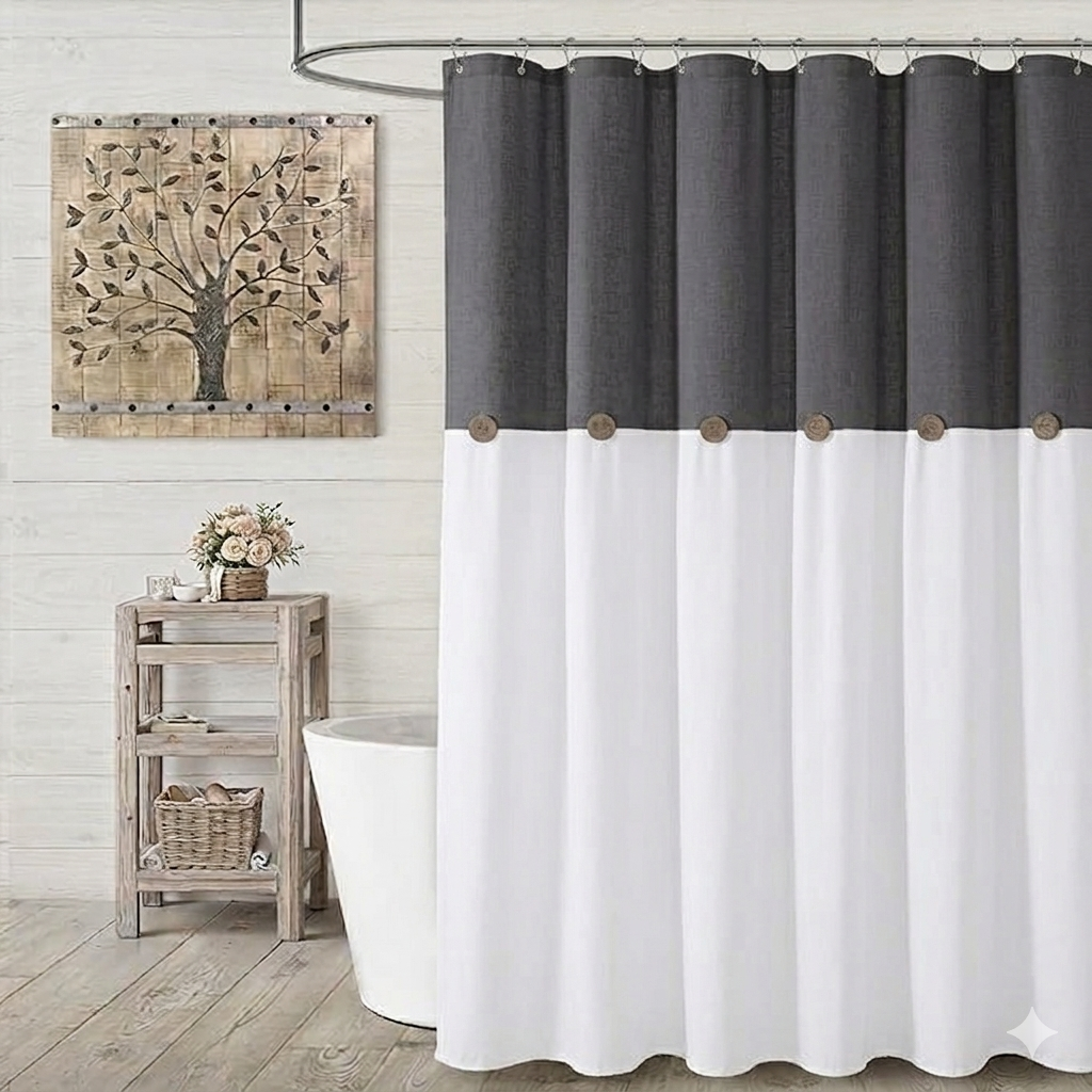 XOGUIBO Farmhouse Shower Curtain Linen Button Woven Fabric Country Rustic Western, Grey & Cream 72" W x 72" L