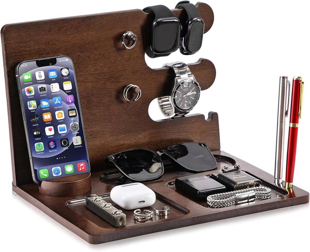 Walnut Wood Men's Organizer, Desk & Nightstand Tray, Phone Stand, Watch Display, Gift for Men, Dad, Husband, Brother, Grandpa