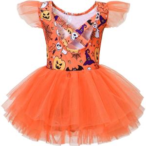 Tutu.kk Toddler Ballet Leotard Ruffle Sleeve Sequin Tulle Tutu Dress Ballerina Outfits for Girls Birthday Holiday (6-7 Years, Orange)