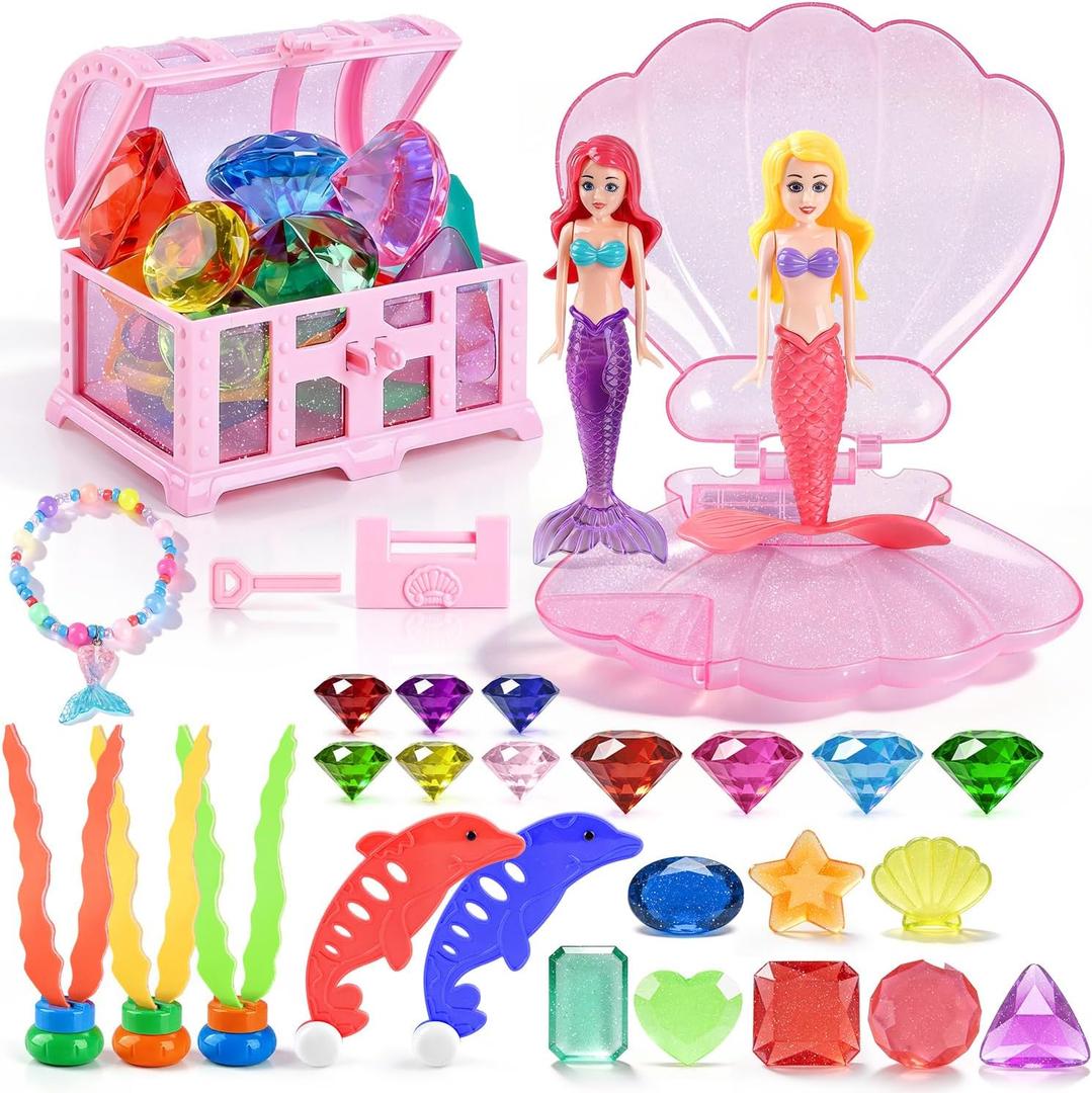 Pool Diving Toys for Kids Ages 4-8 8-12, 31 Pcs Shell Mermaid Pool Toys & Treasure Chest Toys & Diving Gems, Fun Summer Swim Party Gifts for Boys Girls with Storage Bag