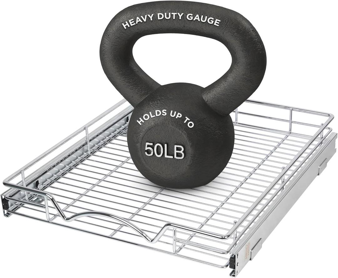 HOLDN’ STORAGE Pull Out Cabinet Organizer, Heavy Duty Caddy  -17”W x 21”D - Requires At Least 18-1/4” Cabinet Opening, Steel Metal Cabinet Drawers Slide Out, Chrome