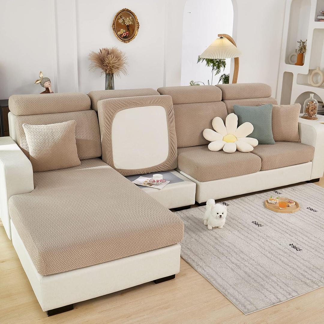 Couch Cushion Covers Sectional Sofa L Shape Loveseat Slipcover Elastic Couch Double Sofa Cover Furniture Protector (Length 39-49inch Width 22-35inch, Large Double Seat Cover) Khaki