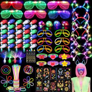 130PCS Glow in the Dark Party Supplies for Kids Adults, Light Up Party Favors with LED Glasses, Headbands, Finger Lights, Glow Sticks, Temporary Tattoos, Neon Face Body Paint for Halloween, Birthdays