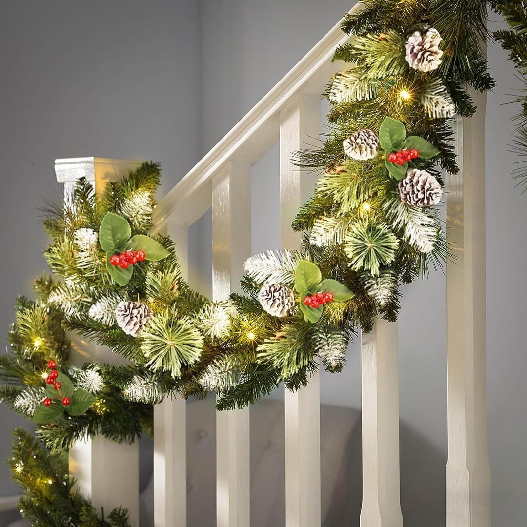 SHareconn 9FT Prelit Artificial Christmas Garland with Color Changing Lights and Timer by Batteries Operated for Mantle Table Stairs Fireplace Xmas Decoration, Holiday Indoor Outdoor, Snow