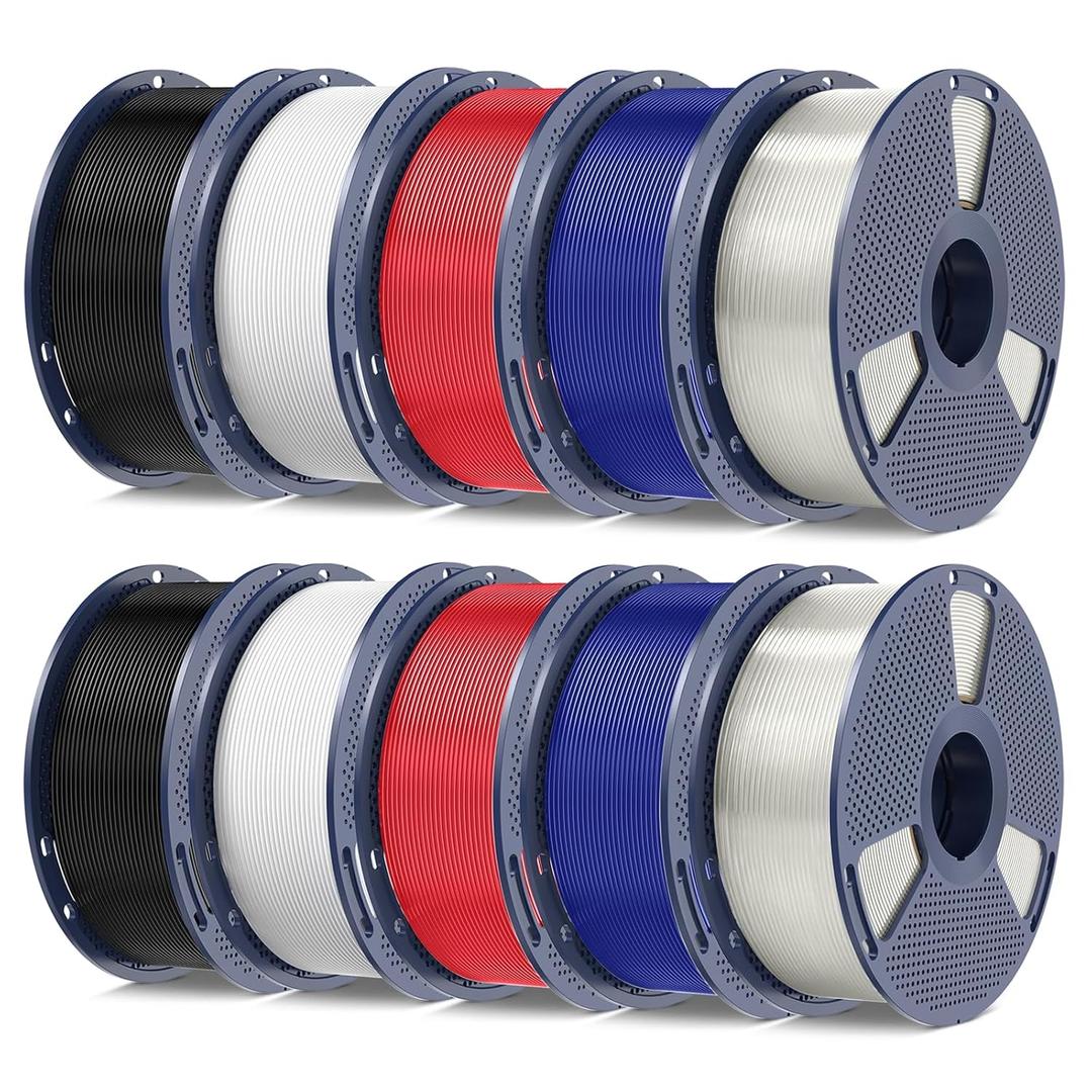 PETG Filament 1.75mm Bundle, 10kg(22lbs) SUNLU PETG 3D Printer Filament, Ultra Tough, Heat Optimized, Odorless, 2 Pack-Black+White+Transparent+Red+Blue
