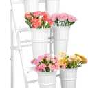 Flower Display Stand With 6 Buckets, Flower Bar with Wheels, Flower Cart Display Stand for Florist Garden Wedding Home Decor (White)