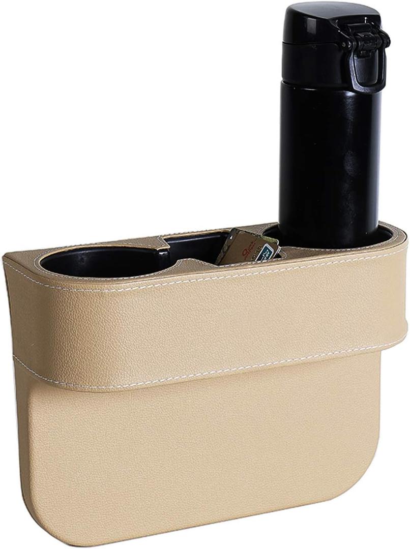 Car Cup Holder Expander with PU Leather Cover, Multifunction Car Seat Pocket Glove Phone Mount Organizer,Car Back Seat Storage for Drink Mug Bottle CellPhones Coasters Cards (Beige)