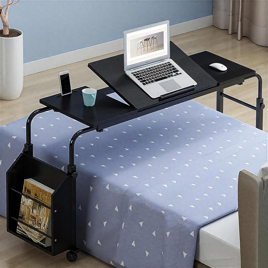 CuisinSmart 47.24 in Overbed Table with Wheels, Bed Table with Adjustable Tilt Board and Wheels, Eating Desk, Cross-Bed Desk for Home, Hospital, Black