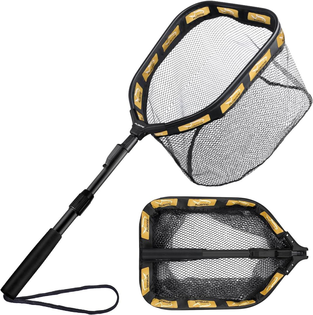 PLUSINNO Floating Fishing Net for Steelhead, Salmon, Fly, Kayak, Catfish, Bass, Trout Fishing, Rubber Coated Foldable Landing Net with Fixed or Telescoping Pole Handle, Fishing Gear and Gifts for Men, Large