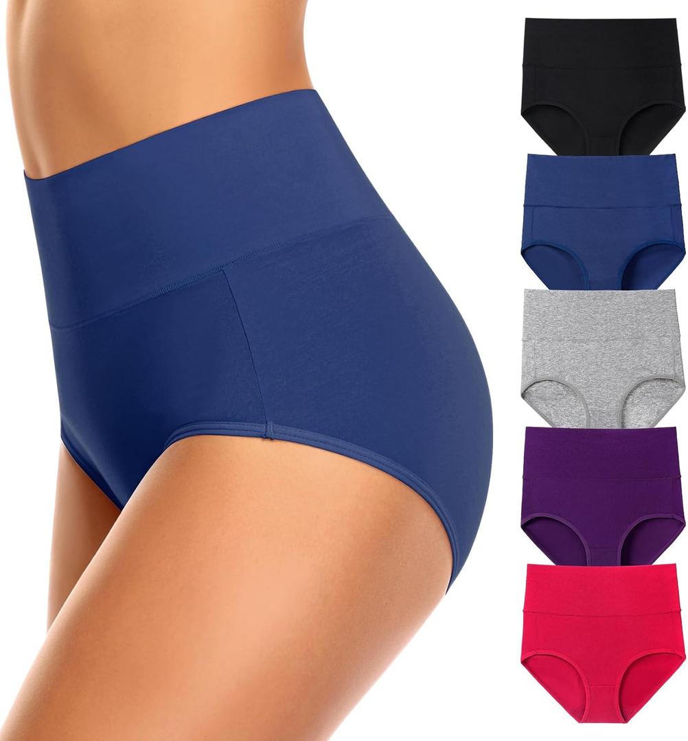 OLIKEME High Waisted Underwear for Women Tummy Control Cotton Panties Postpartum Ladies Briefs Multipack (Large, Multicolora-5pack)