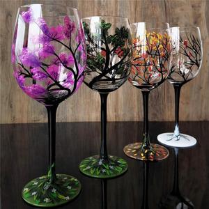 LYFJMUS Pack of 4 Four Seasons Tree Wine Glasses Hand Painted Wine Glass with Stemmed Fall Leaves Flower Seasons Colored Wine Glasses for Home Office Decor Ornament Gifts