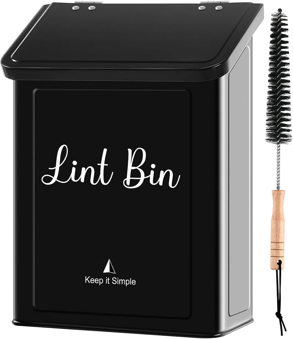 SUBEKYU Metal Magnetic Lint Bin for Laundry Room, Wall Mounted Lint Box Holder Trash Can with Lid for Dryer, Black