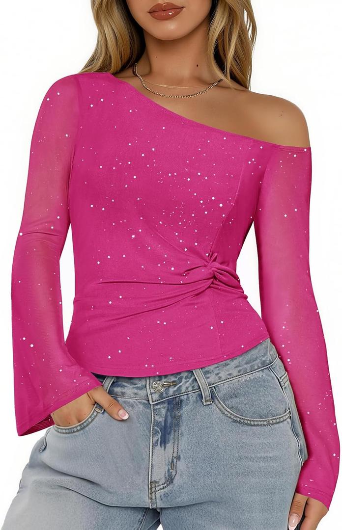 Aupuls Sparkly Tops for Women Bell Sleeve Off Shoulder Top Sequin Concert Outfits (Small, Rose)