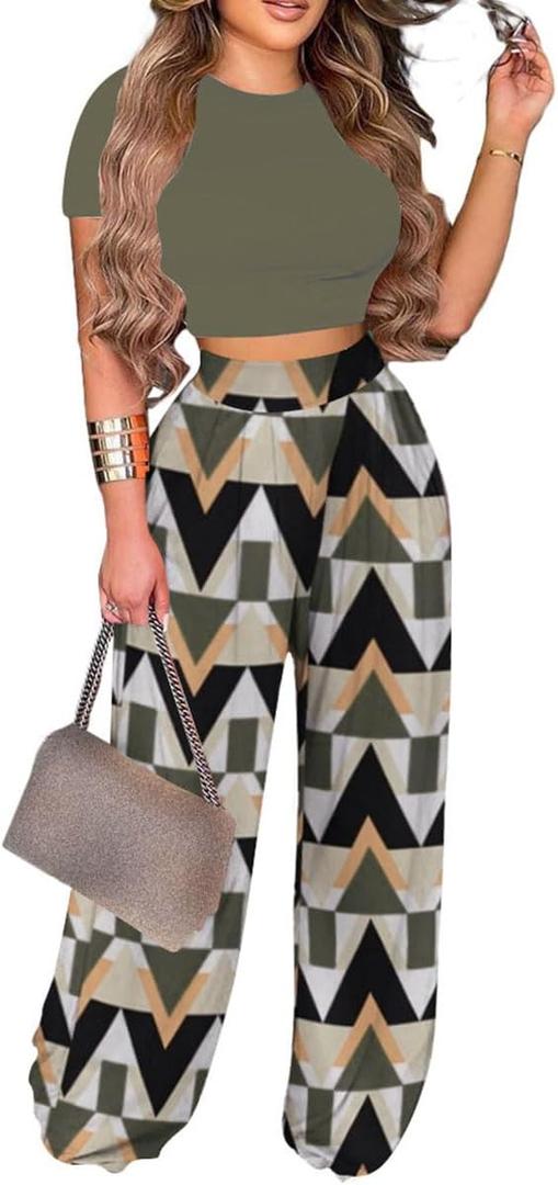 2 Piece Outfits for Women Short Sleeve Crop Top High Waist Wide Leg Long Pant Sets Tracksuit Sport Set (3X-Large, 9408-green)