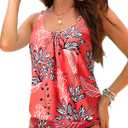 Yonique Womens Blouson Tankini Top No Bottom Loose Fit Swim Top Modest Tank Top (Large, Red Floral)