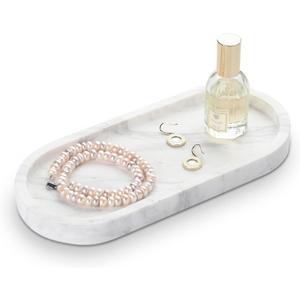 Oval Bathroom Vanity Tray, Large Natural Marble Tray 10 inch, Volakas White Stone Soap Trays, Modern Perfume Trays, Countertop Organizer for Kitchen, Coffee Table, Home Decor