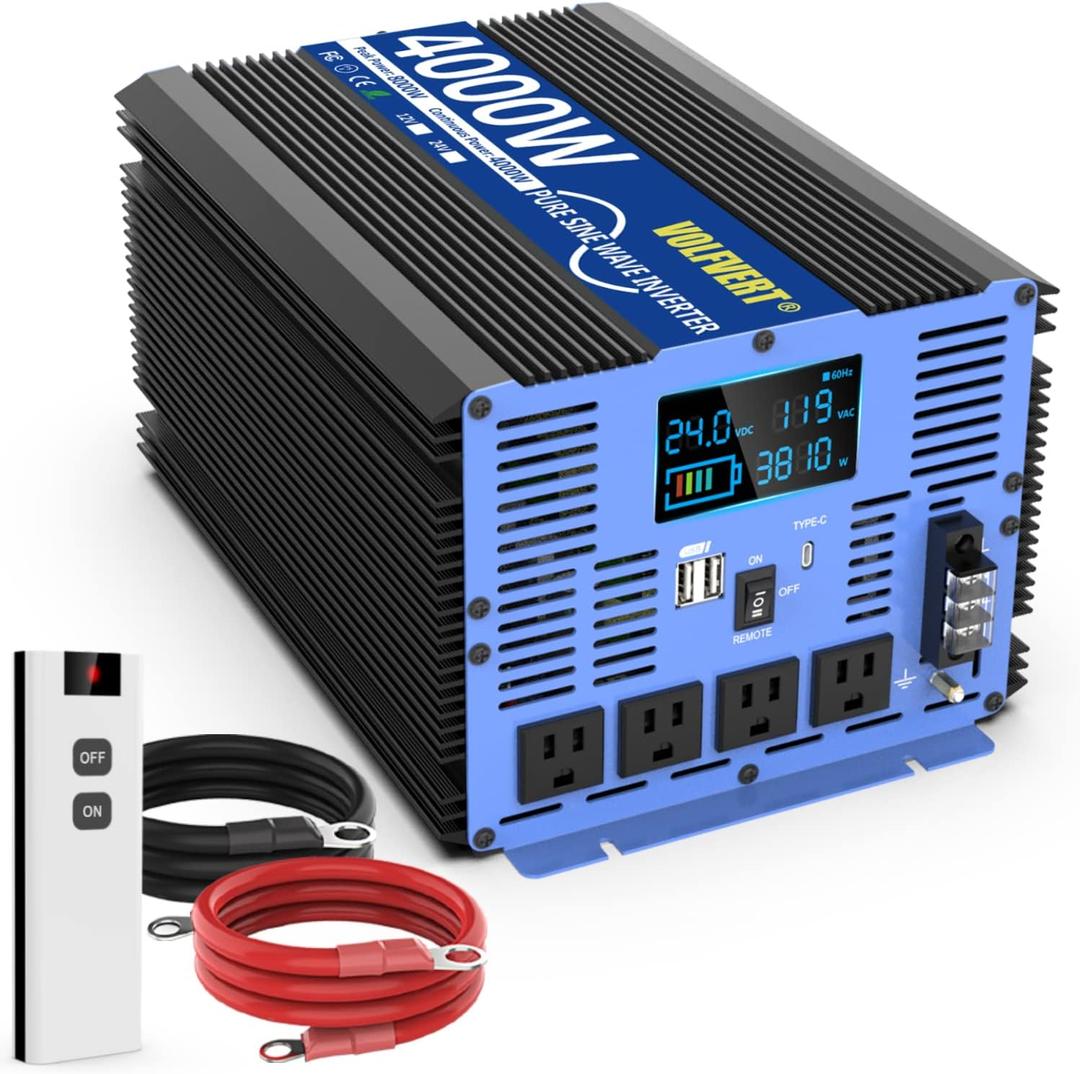Pure Sine Wave Power Inverter - 4000W 24V DC to 110V/120V AC, 4 Sockets, Dual USB, Type-C, LCD Display, Remote Control for Home, RV, Solar, Car