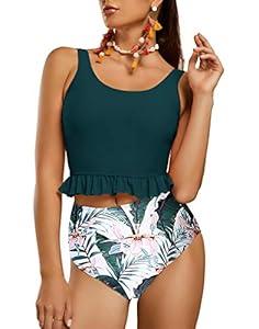 FERBIA Women Falbala Bikini Set Halter High Waisted Swimsuit 2 Piece Ruffle Tummy Control Peplum Spaghetti StrapTankini, Large
