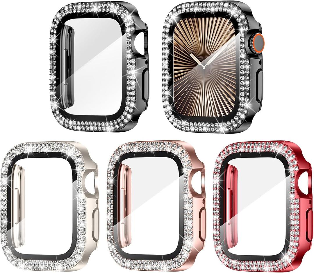 Goton 4-Pack Bling Case for Apple Watch Series 11/10 Screen Protector Case 42mm, Women Glitter Diamond Rhinestone Protector for iWatch Cover Accessories 42 mm (Red+Rose Gold+Starlight+Black( Glass))