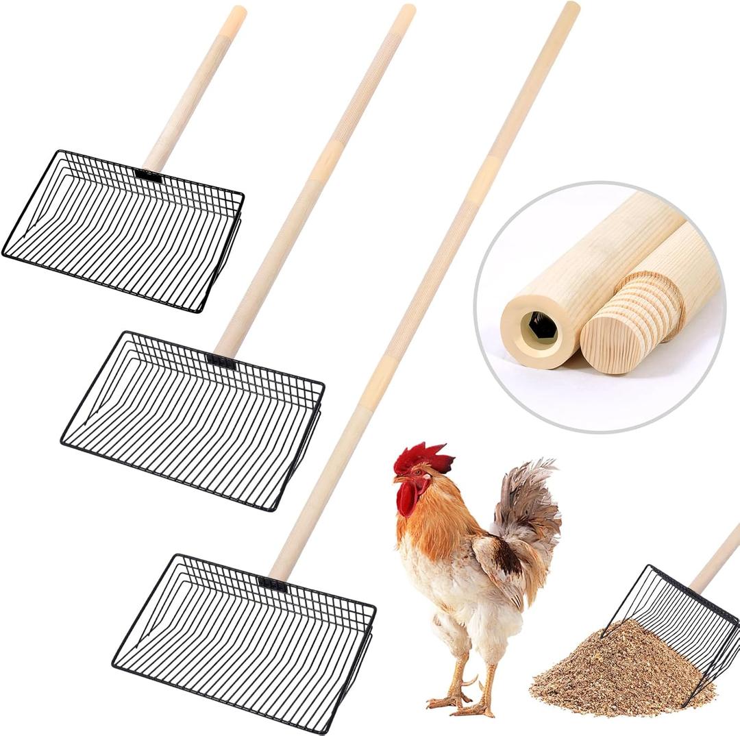 10inch Large Metal Chicken Poop Scooper3-in-1 Detachable Tool (20 to 42 inches), Stainless Steel Chicken Coop Cleaning Tool,Wooden Handle, Heavy-Duty Poop Shovel for Chicken Coop Accessories