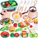 LovesTown 59PCS Play Kitchen Accessories with Basket, Pink Pretend Play Food Set for Kids with Pots Pans Tableware Kitchen Cooking Toys for Toddler Gifts for Boys Girls