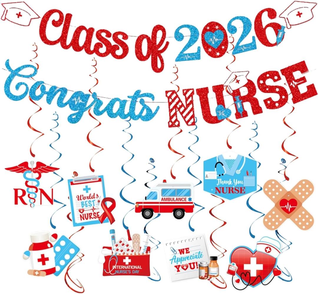 Nurse Graduation Party Decorations 2026, Nurse Week Glitter Banner Red and Blue Foil Swirl Streamers, Medical RN Themed Party Decor for Nursing School Graduation Supplies