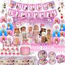 Birthday Party Decorations - Theme Children's Party Supplies Included Happy Birthday Banner, Backdrop, Hanging Swirls, Tablecloth, Cupcake Cake Toppers, Plates, Tableware, Napkins, Balloons