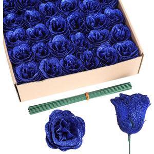 Glitter Roses,30PCS Royal Blue Flowers Artificial Roses with Stems for Wedding Bouquet Party Christmas Home Decor(Royal Blue)