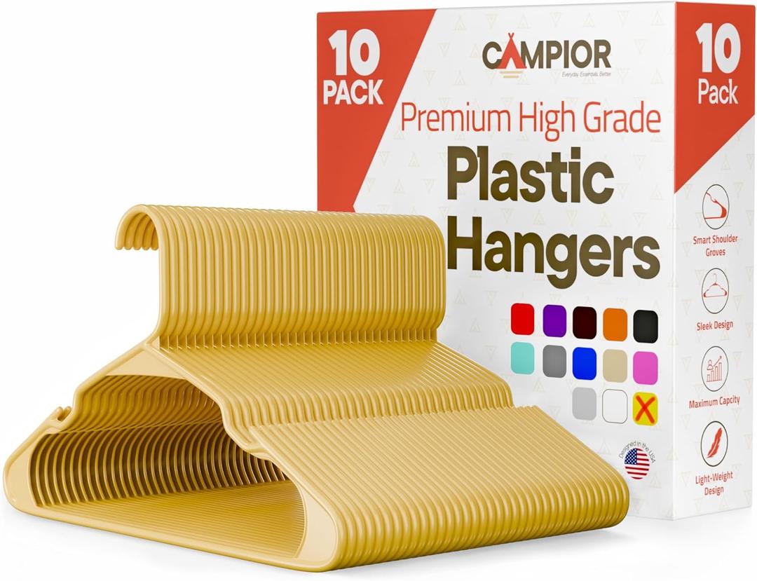 Plastic Clothes Hangers Heavy Duty Hanger Set, for Organizing Clothes, Dresses, and Coat, Holds Up to 5 lbs, Space-Saving Hangers with Non-Slip Shoulder Grooves, Pack of 10, Yellow