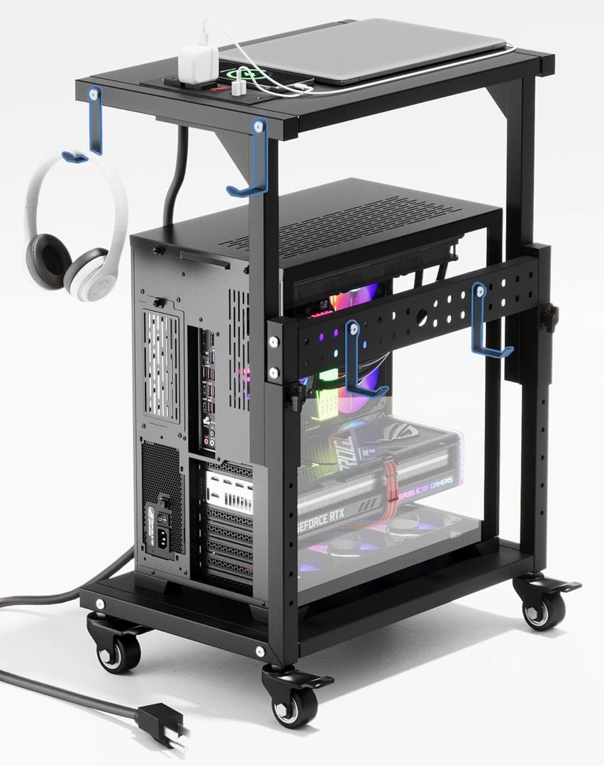 Computer Tower Stand with Power Outlet, 6 Level Height Ajustable PC Tower Stand for Floor, Mobile Rolling CPU Holder Cart for Gaming, Office, Home, 21.34"-28.3", Black