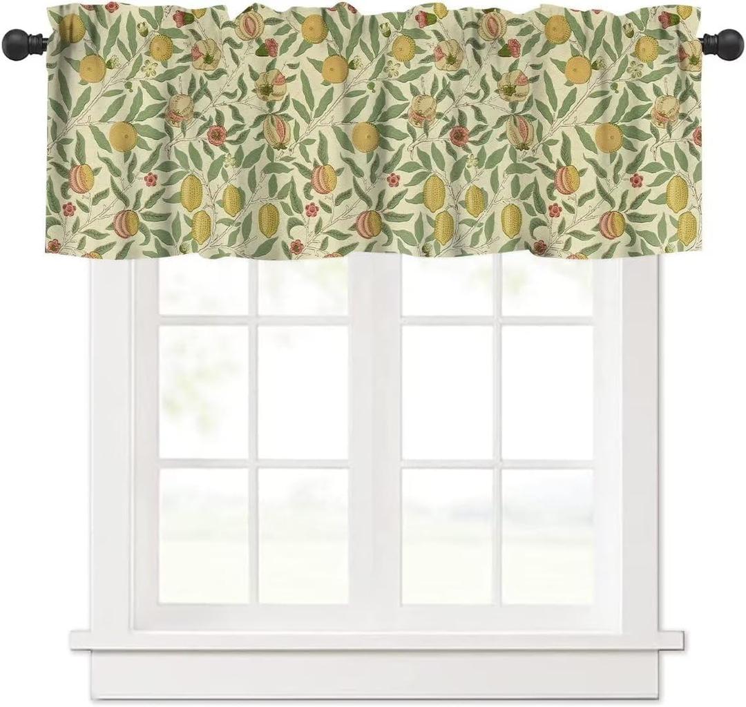 Vintage Floral Window Valance Curtain, William Morris Retro Pomegranate Boho Flower Botanical Plant Window Treatment Valances for Kitchen Living Room Caf Dcor 54'x18', 1 Panel
