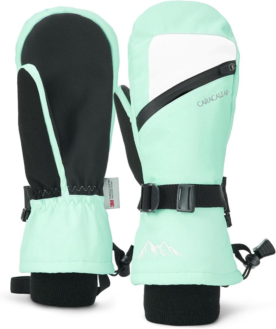 Caracaleap Winter Ski Mittens for Men Women Cold Weather- Warm Snowboard Mittens Gloves Waterproof Snow Sports Mitts Gloves (Small-Medium, Mint)
