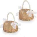 2 PCS Wicker Rattan Flower Girl Basket Wedding Flower Girl Basket with Pearl Handle and Bow Fairy Flower Basket Handwoven Easter Basket Wicker Basket for Wedding Flower Girl(Brown)