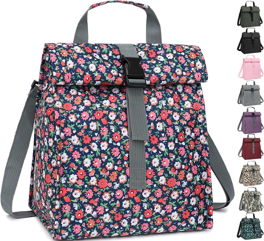Insulated Lunch Bag for Men/Women/Kids, Roll top Reusable Lunch Box with Adjustable Shoulder Strap, Thermal Lunch Cooler Tote Container for Adults/Teens School Work Office Picnic,Floral