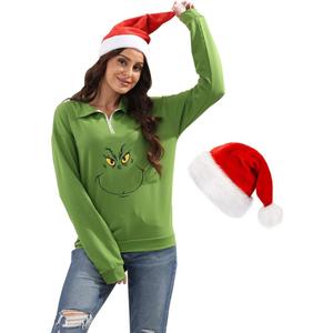 New Pullover Ugly Christmas Sweaters Cartoon Character Green Monster Print Unisex Sweatshirt with Christmas Hat (Medium, B)