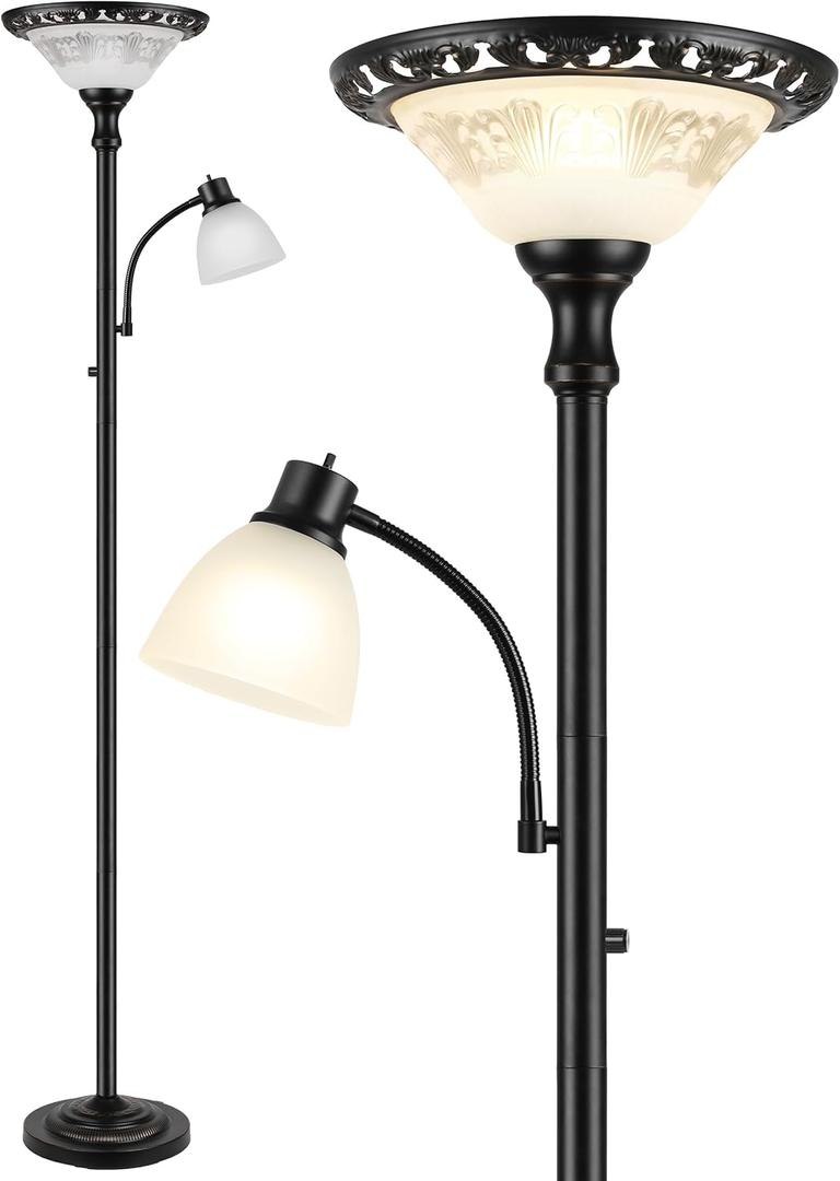 Torchiere Floor Lamps for Living Room, 71" Tall Standing Lamp with Thick Glass Shade, Metal Pole & Heavy Base, Vintage Corner Lamp with Reading Light Home Decor for Bedroom Office, 3CCT Bulb Included (2-Head)