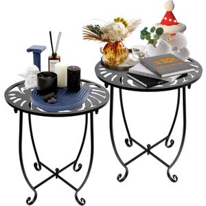 Outdoor Side Table for Small Spaces, 2 Pack 14 Inch Round Metal End Table for Patio Balcony Yard Porch, Anti-Rust Waterproof Accent Table for Indoor Outdoor Use, Easy Assembly