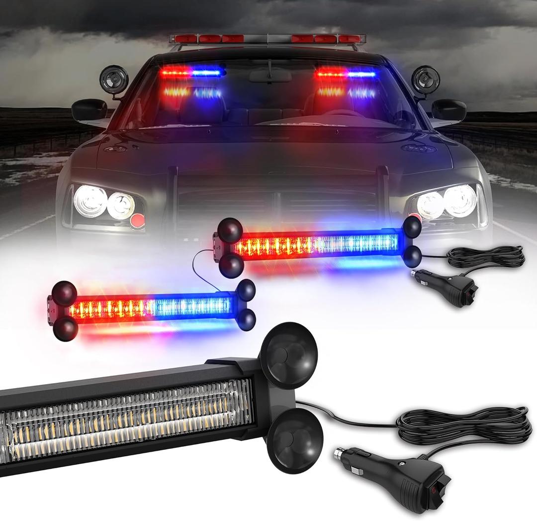 Emergency LED Strobe Traffic Advisor Lights Bar, Car Windshield Hazard Safety Warning Directional Flashing light w/Suction Cups Split Mount for Vehicle Trucks Volunteer, 2x12inch, Red Blue