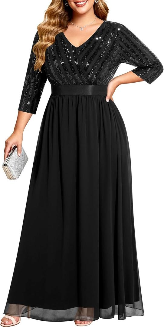 Womens Plus Size Formal Dresses - V Neck 3/4 Sleeve Sequin Prom Evening Gowns Long Maxi Dress (Black), 14 Plus 