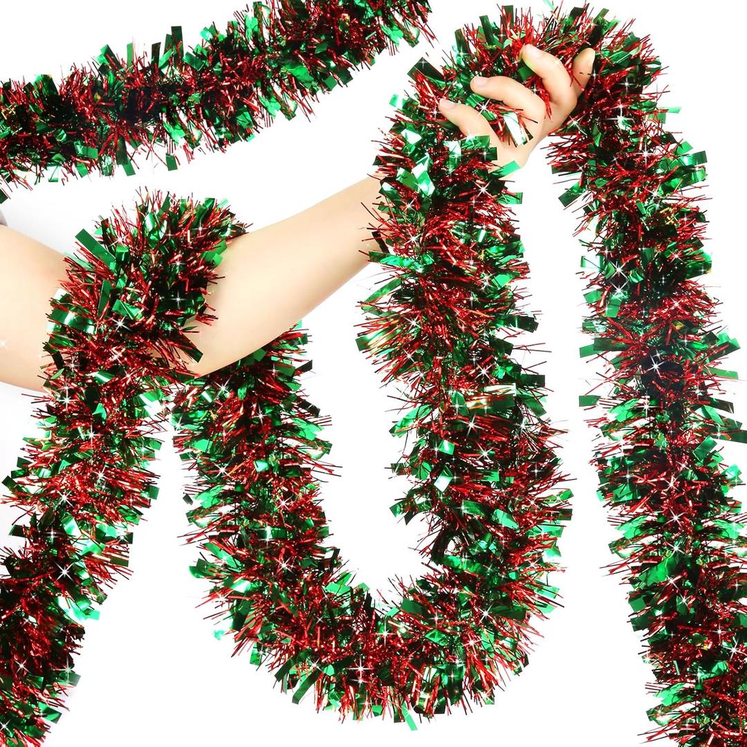 50FT Christmas Tinsel Garland - Metallic Twist Garland for Christmas Tree Decorations, Xmas Tree Decor for Home Indoor Outdoor Holiday Party Supplies (Green and Red)