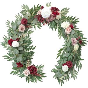Floroom 6ft Artificial Eucalyptus Garland with Flowers Fake Greenery Faux Floral Vine Garland for Table Decor Wedding Centerpieces Bridal Shower Party Decorations, Burgundy & White