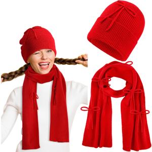 2 Pcs Valentines Day Red Bow Knitted Scarf and Hat Set for Women and Men Winter Soft Beanie and Shawl Wraps Scarves Bow Thick Warm Suit Couple Gift