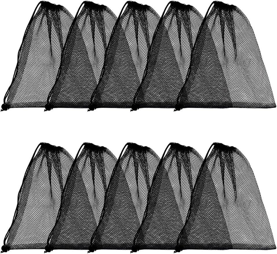 10pcs Mesh Drawstring Bag 10 x 12 inch Black Small Bags With Pull Rope Thicken Portable Storage Bags Outdoor Mesh Organizer Bag for Travel Hike Sports Diving Beach Collecting playthings