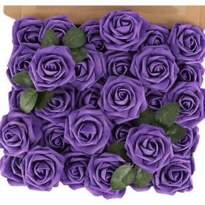 MACTING Purple Artificial Flowers 30PCS Fake Roses with Stem Real Touch Soft Foam Roses for Mothers Day DIY Wedding Bouquet Table Centerpieces Party Bridal Shower Home Summer Decorations
