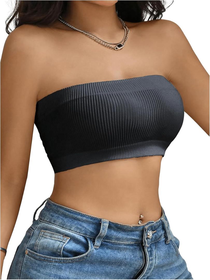WDIRARA Women's Ribbed Tube Tops Bandeau Bra Wireless Bralette Strapless Tube Top (M)