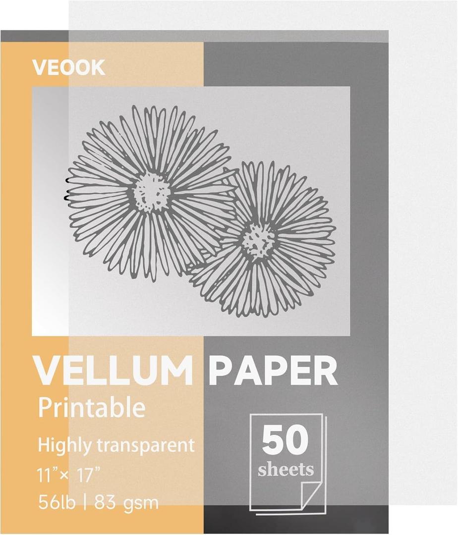 VEOOK Translucent Vellum Paper, 50 Sheets 56lbs/83gsm 11 x 17 inches Printable Vellums Tracing Paper for Tracing, Drawing, Sketching, Card Overlays, Invitations Belly Bands, Envelope, Lantern(VP-04)
